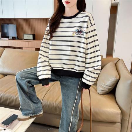 FA48339# 春秋韩版宽松条纹绣花拼接插色华棉卫衣女 服裝批發女裝批發服飾貨源
