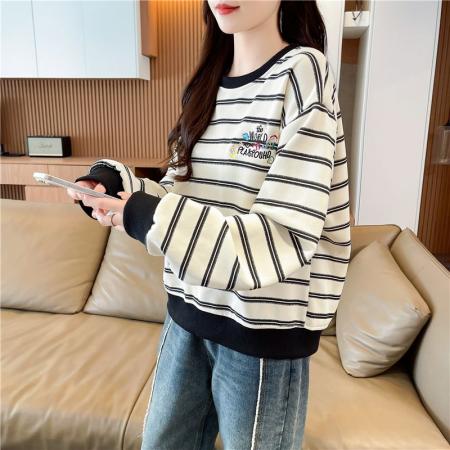 FA48339# 春秋韩版宽松条纹绣花拼接插色华棉卫衣女 服裝批發女裝批發服飾貨源