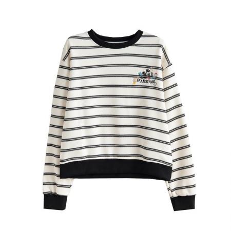 FA48339# 春秋韩版宽松条纹绣花拼接插色华棉卫衣女 服裝批發女裝批發服飾貨源