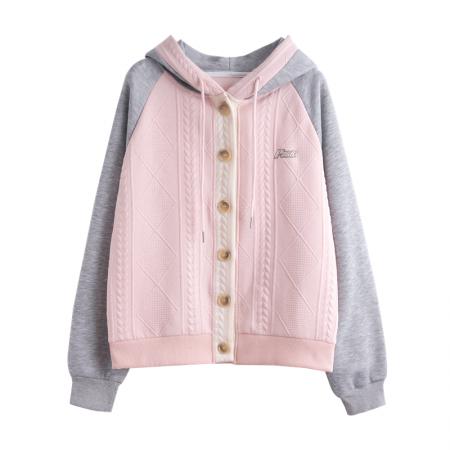 FA48340# 冬装韩版宽松绣花华棉插色提花连帽开衫加绒加厚卫衣女 服裝批發女裝批發服飾貨源