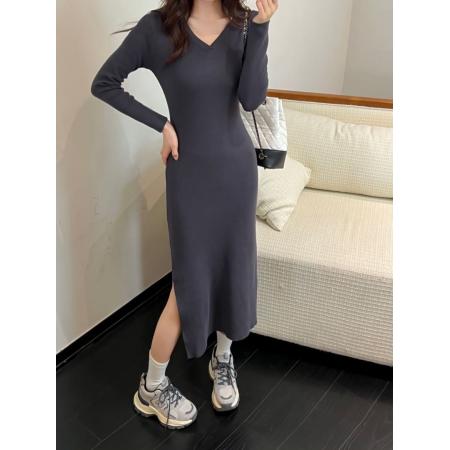 FA48341# 法式修身连衣裙女秋季长款收腰显瘦开叉包臀裙纯欲辣妹打底小裙子 服裝批發女裝批發服飾貨源