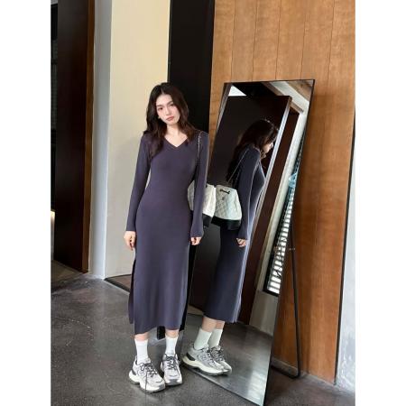 FA48341# 法式修身连衣裙女秋季长款收腰显瘦开叉包臀裙纯欲辣妹打底小裙子 服裝批發女裝批發服飾貨源