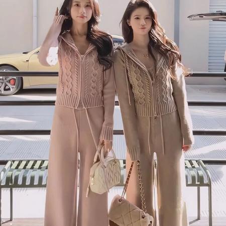 FA48342# 韩系休闲小个子穿搭套装女新款连帽针织拉链毛衣阔腿裤两件套 服裝批發女裝批發服飾貨源