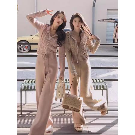 FA48342# 韩系休闲小个子穿搭套装女新款连帽针织拉链毛衣阔腿裤两件套 服裝批發女裝批發服飾貨源