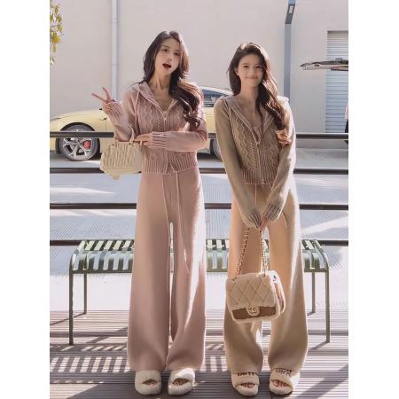 FA48342# 韩系休闲小个子穿搭套装女新款连帽针织拉链毛衣阔腿裤两件套 服裝批發女裝批發服飾貨源