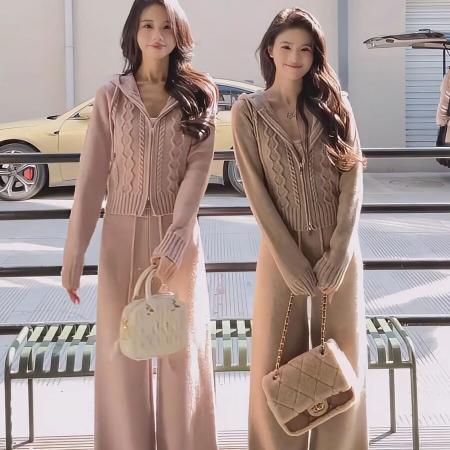 FA48342# 韩系休闲小个子穿搭套装女新款连帽针织拉链毛衣阔腿裤两件套 服裝批發女裝批發服飾貨源