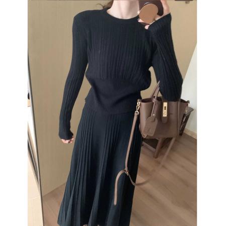 FA48344# 秋季新款时尚简约针织套装女秋冬圆领条纹衫高腰半身裙两件套 服裝批發女裝批發服飾貨源