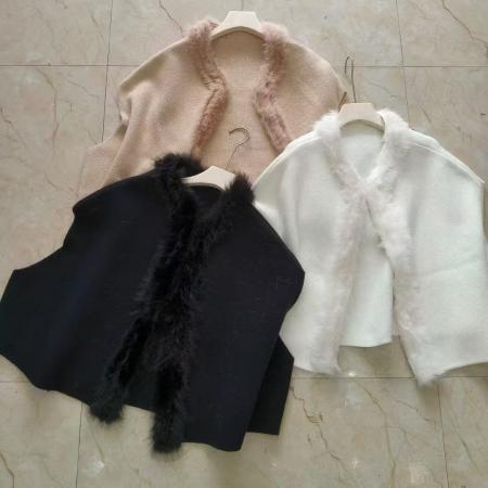 FA48347# 韩系千金风仿狐狸毛领宽松短款温柔无袖披肩毛衣 服裝批發女裝批發服飾貨源