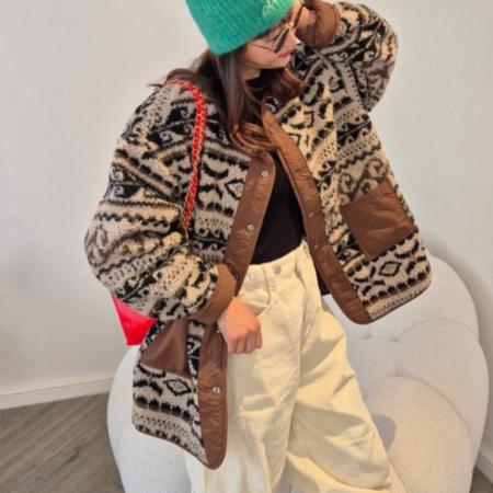 FA48348# 两面穿复古时尚小众提花羊羔毛冬季新款撞色加棉宽松外套 服裝批發女裝批發服飾貨源