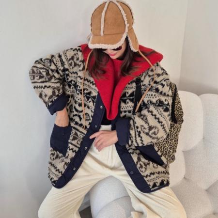 FA48348# 两面穿复古时尚小众提花羊羔毛冬季新款撞色加棉宽松外套 服裝批發女裝批發服飾貨源