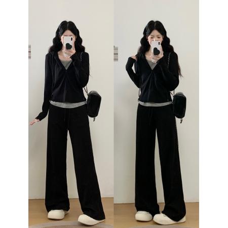 FA48349# 慵懒运动风韩版时尚撞色收腰连帽卫衣显瘦长裤加绒加厚套装 服裝批發女裝批發服飾貨源