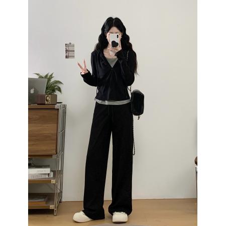 FA48349# 慵懒运动风韩版时尚撞色收腰连帽卫衣显瘦长裤加绒加厚套装 服裝批發女裝批發服飾貨源