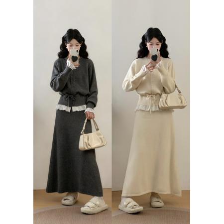 FA48350# 荷叶边拼接圆领毛衣外套甜美宽松胖MM针织厚开衫半身裙套装 服裝批發女裝批發服飾貨源