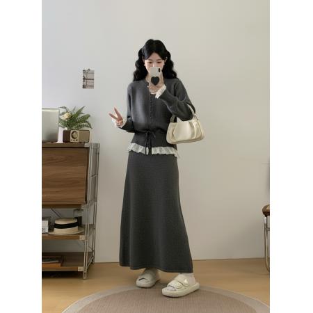 FA48350# 荷叶边拼接圆领毛衣外套甜美宽松胖MM针织厚开衫半身裙套装 服裝批發女裝批發服飾貨源