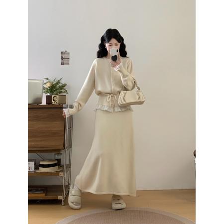 FA48350# 荷叶边拼接圆领毛衣外套甜美宽松胖MM针织厚开衫半身裙套装 服裝批發女裝批發服飾貨源