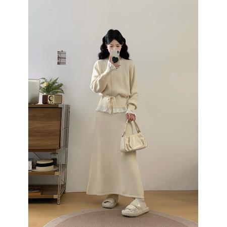 FA48350# 荷叶边拼接圆领毛衣外套甜美宽松胖MM针织厚开衫半身裙套装 服裝批發女裝批發服飾貨源