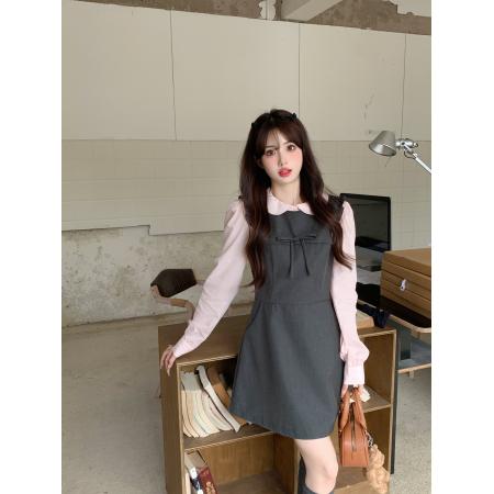 FA48351# 秋季大码连衣裙秋甜美可爱套头假两件修身娃娃领拼色A字裙 服裝批發女裝批發服飾貨源