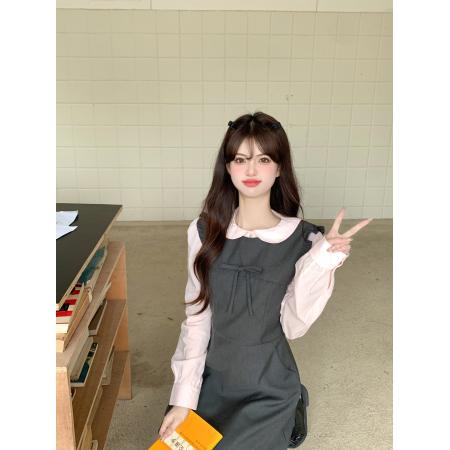 FA48351# 秋季大码连衣裙秋甜美可爱套头假两件修身娃娃领拼色A字裙 服裝批發女裝批發服飾貨源