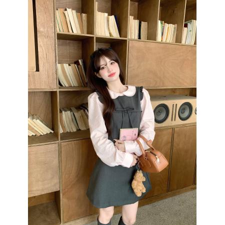 FA48351# 秋季大码连衣裙秋甜美可爱套头假两件修身娃娃领拼色A字裙 服裝批發女裝批發服飾貨源