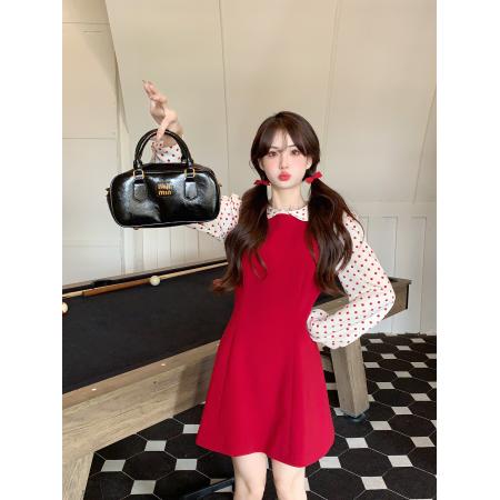 FA48352# 大码秋假两件波点多巴胺淑女套头连衣裙修身显瘦娃娃领甜美 服裝批發女裝批發服飾貨源