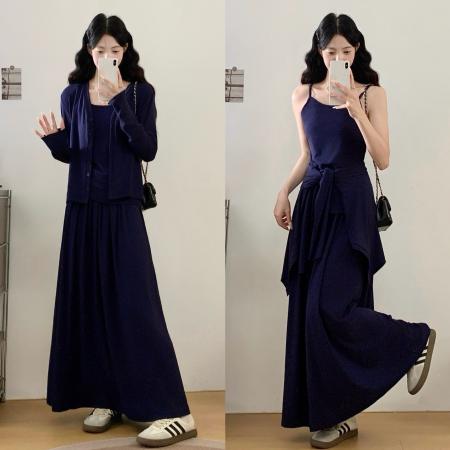 FA48354# 胖mm简约慵懒风吊带背心长袖开衫收腰显瘦半身裙三件套 服裝批發女裝批發服飾貨源