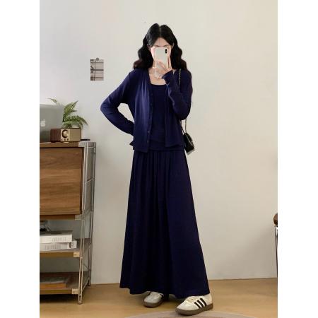 FA48354# 胖mm简约慵懒风吊带背心长袖开衫收腰显瘦半身裙三件套 服裝批發女裝批發服飾貨源