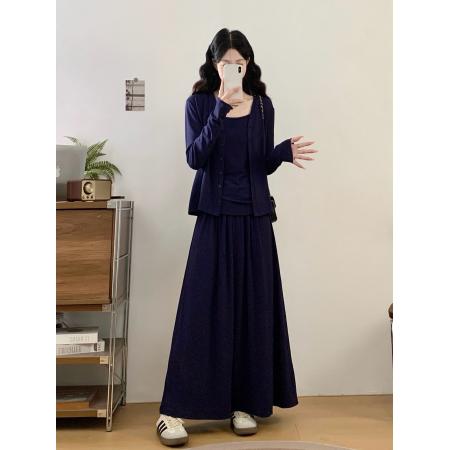 FA48354# 胖mm简约慵懒风吊带背心长袖开衫收腰显瘦半身裙三件套 服裝批發女裝批發服飾貨源