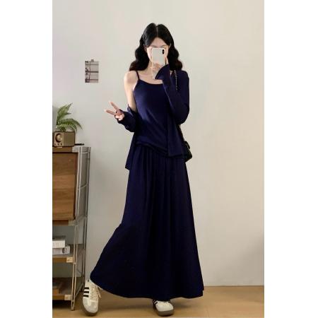 FA48354# 胖mm简约慵懒风吊带背心长袖开衫收腰显瘦半身裙三件套 服裝批發女裝批發服飾貨源