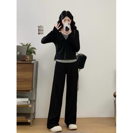 FA48355# 慵懒运动风韩版时尚撞色收腰连帽卫衣高腰显瘦长裤套装 服裝批發女裝批發服飾貨源