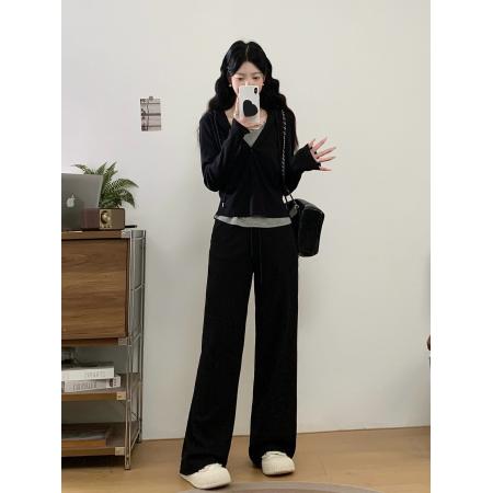 FA48355# 慵懒运动风韩版时尚撞色收腰连帽卫衣高腰显瘦长裤套装 服裝批發女裝批發服飾貨源