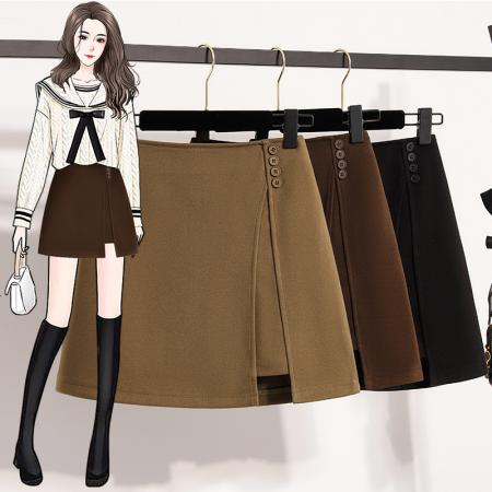 FA48356# 纺羊绒毛呢半身裙女秋冬大码a字开叉短裙显瘦包臀裙裤裙 服裝批發女裝批發服飾貨源