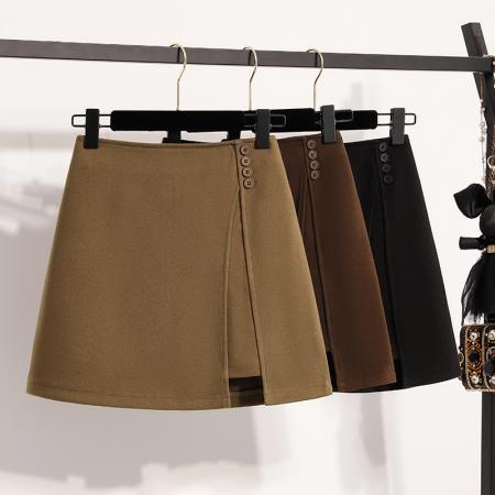 FA48356# 纺羊绒毛呢半身裙女秋冬大码a字开叉短裙显瘦包臀裙裤裙 服裝批發女裝批發服飾貨源