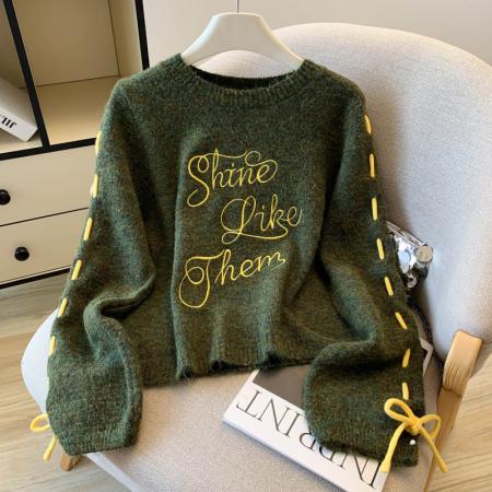 FA48358# 慵懒风设计感字母刺绣毛衣秋冬新款羊毛衫小众独特短款上衣 服裝批發女裝批發服飾貨源