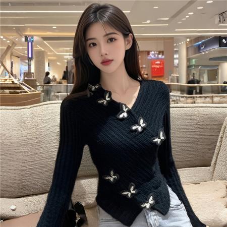 FA48359# 赫本风黑色v领马海毛针织衫女蝴蝶毛衣ins不规则短款上衣 服裝批發女裝批發服飾貨源