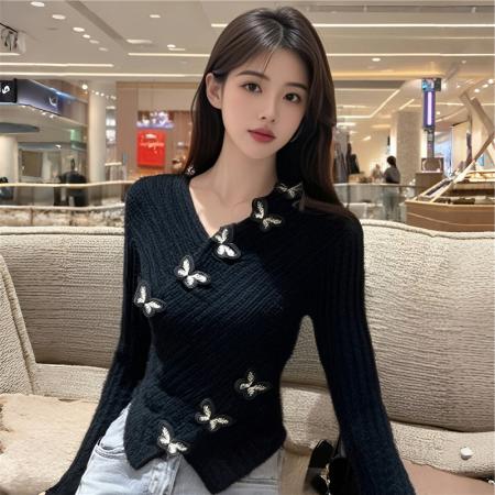 FA48359# 赫本风黑色v领马海毛针织衫女蝴蝶毛衣ins不规则短款上衣 服裝批發女裝批發服飾貨源