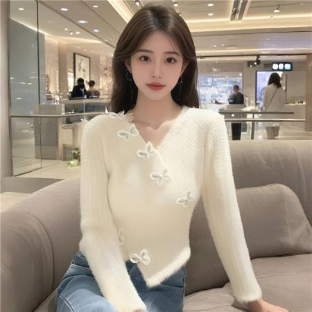 FA48359# 赫本风黑色v领马海毛针织衫女蝴蝶毛衣ins不规则短款上衣 服裝批發女裝批發服飾貨源