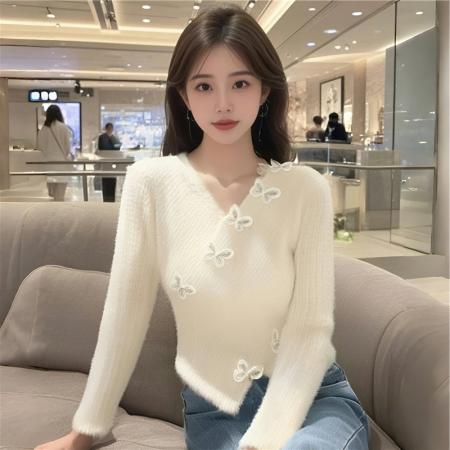 FA48359# 赫本风黑色v领马海毛针织衫女蝴蝶毛衣ins不规则短款上衣 服裝批發女裝批發服飾貨源