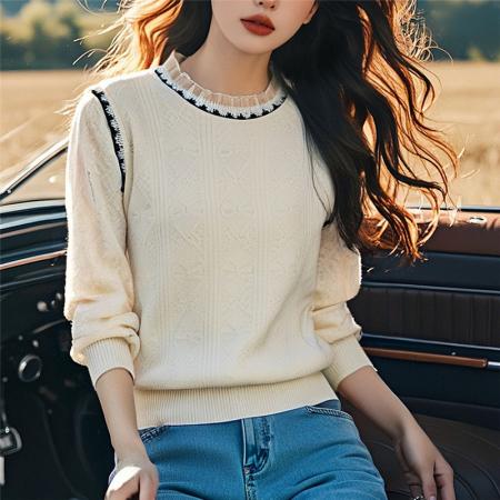 FA48360# 秋季新款甜美气质蕾丝袖子拼接针织衫女木耳边洋气毛衣 服裝批發女裝批發服飾貨源