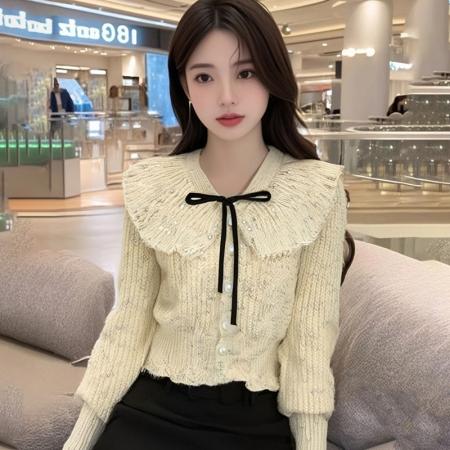 FA48361# 法式气质娃娃领毛衣女装珍珠排扣蝴蝶结气质收腰短款针织 服裝批發女裝批發服飾貨源