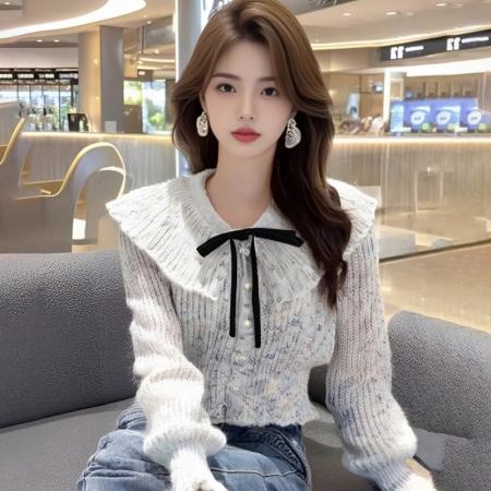 FA48361# 法式气质娃娃领毛衣女装珍珠排扣蝴蝶结气质收腰短款针织 服裝批發女裝批發服飾貨源