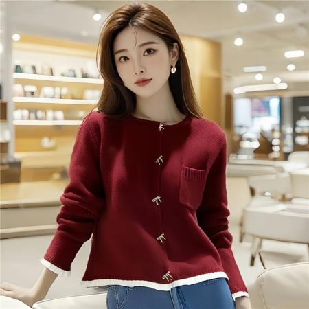 FA48363# 新款小香风立体蝴蝶结纽扣花边拼接质感针织开衫 服裝批發女裝批發服飾貨源