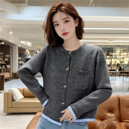 FA48363# 新款小香风立体蝴蝶结纽扣花边拼接质感针织开衫 服裝批發女裝批發服飾貨源