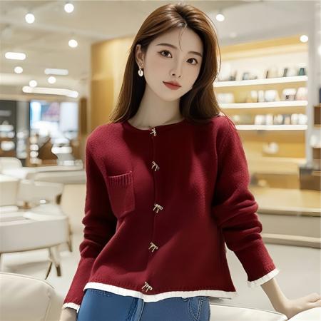 FA48363# 新款小香风立体蝴蝶结纽扣花边拼接质感针织开衫 服裝批發女裝批發服飾貨源