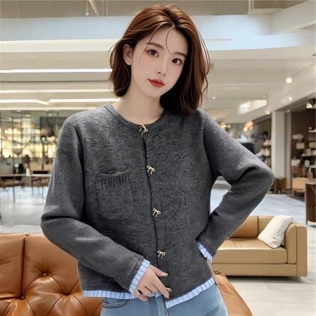 FA48363# 新款小香风立体蝴蝶结纽扣花边拼接质感针织开衫 服裝批發女裝批發服飾貨源