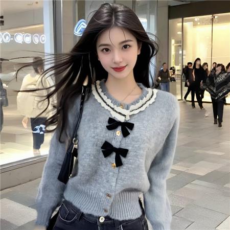 FA48364# 冬季圆领蝴蝶结气质小香风开衫毛衣女蝴蝶结针织衫 服裝批發女裝批發服飾貨源