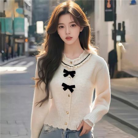 FA48364# 冬季圆领蝴蝶结气质小香风开衫毛衣女蝴蝶结针织衫 服裝批發女裝批發服飾貨源