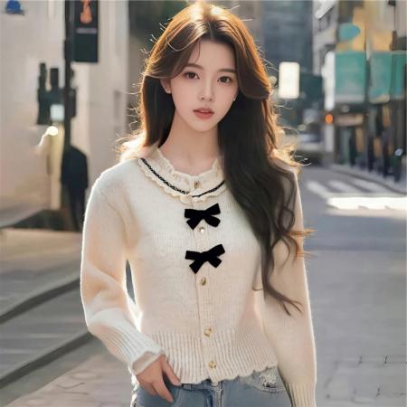 FA48364# 冬季圆领蝴蝶结气质小香风开衫毛衣女蝴蝶结针织衫 服裝批發女裝批發服飾貨源
