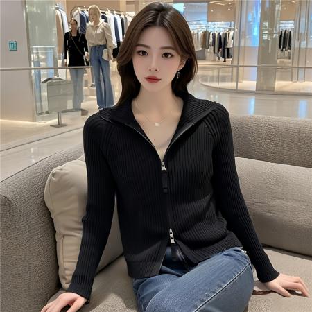 FA48366# 针织衫女冬季新款小众双头拉链毛衣修身小个子上衣 服裝批發女裝批發服飾貨源