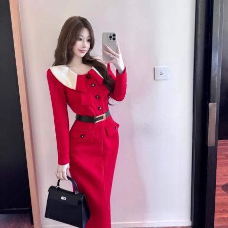 FA48367# 名媛气质秋冬设计感娃娃领拼接收腰时尚洋气中长款显瘦连衣裙 服裝批發女裝批發服飾貨源