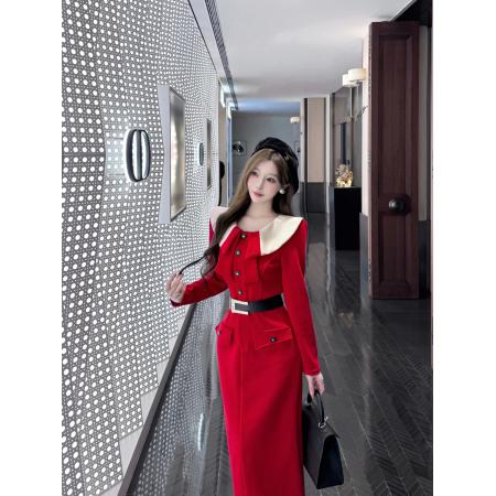 FA48367# 名媛气质秋冬设计感娃娃领拼接收腰时尚洋气中长款显瘦连衣裙 服裝批發女裝批發服飾貨源